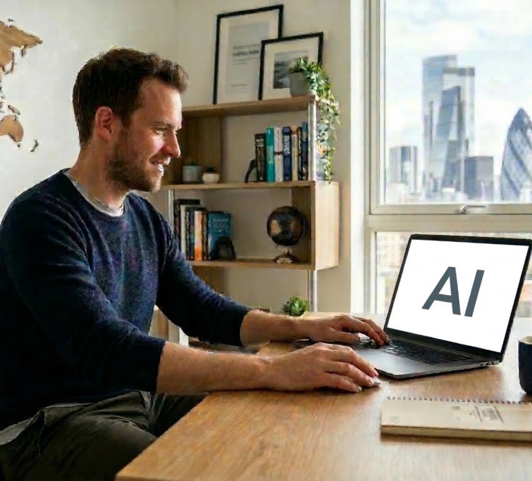 En man tränar engelska med AI som sparringpartner vid sin laptop i ett ljust hemmakontor.