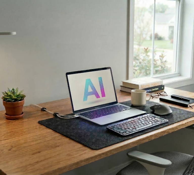 En modern arbetsstation med laptop som visar AI på skärmen, böcker och en växt vid ett ljust fönster.