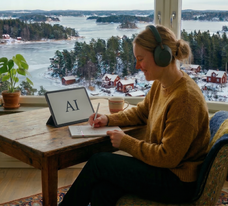 En student använder hörlurar och läsplatta med texten AI för att öva konversation i trygg miljö med utsikt över vintrigt svenskt landskap.